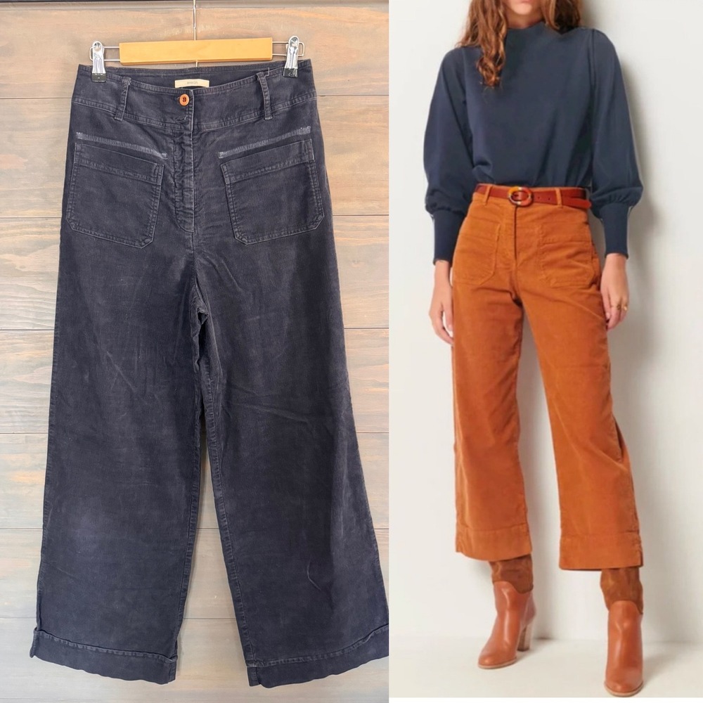 Sessun Hudson‎ Street Cord Trousers Navy Blue Wide Leg Pants Size 36 4